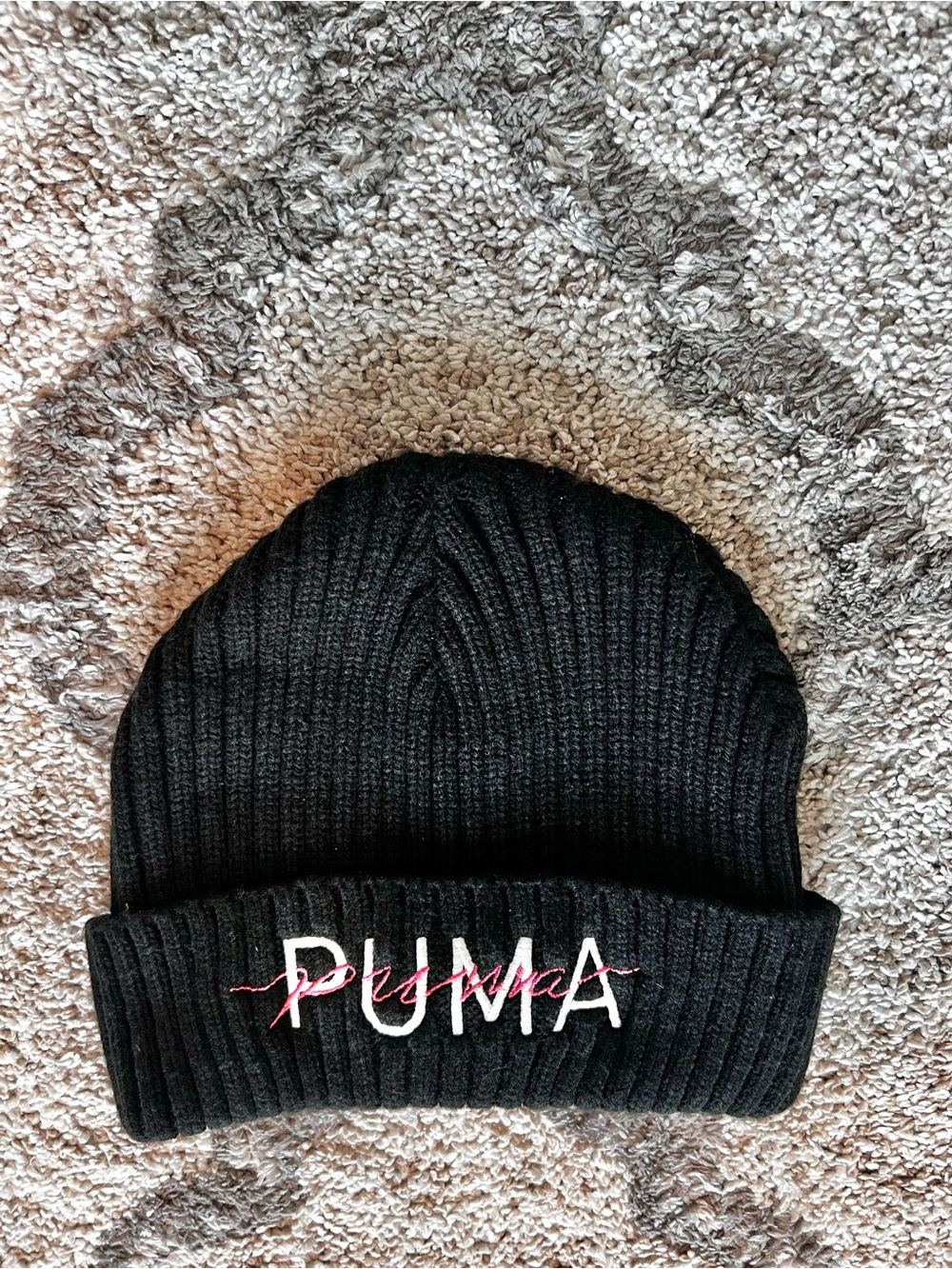 PUMA Black Ribbed Knit Cuffed Beanie Pink White Embroidered Logo